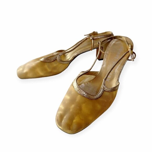 Vintage Herbert Levine Mod Sling Back Pump,  Size 7 1/2 B, Gold - Picture 1 of 16